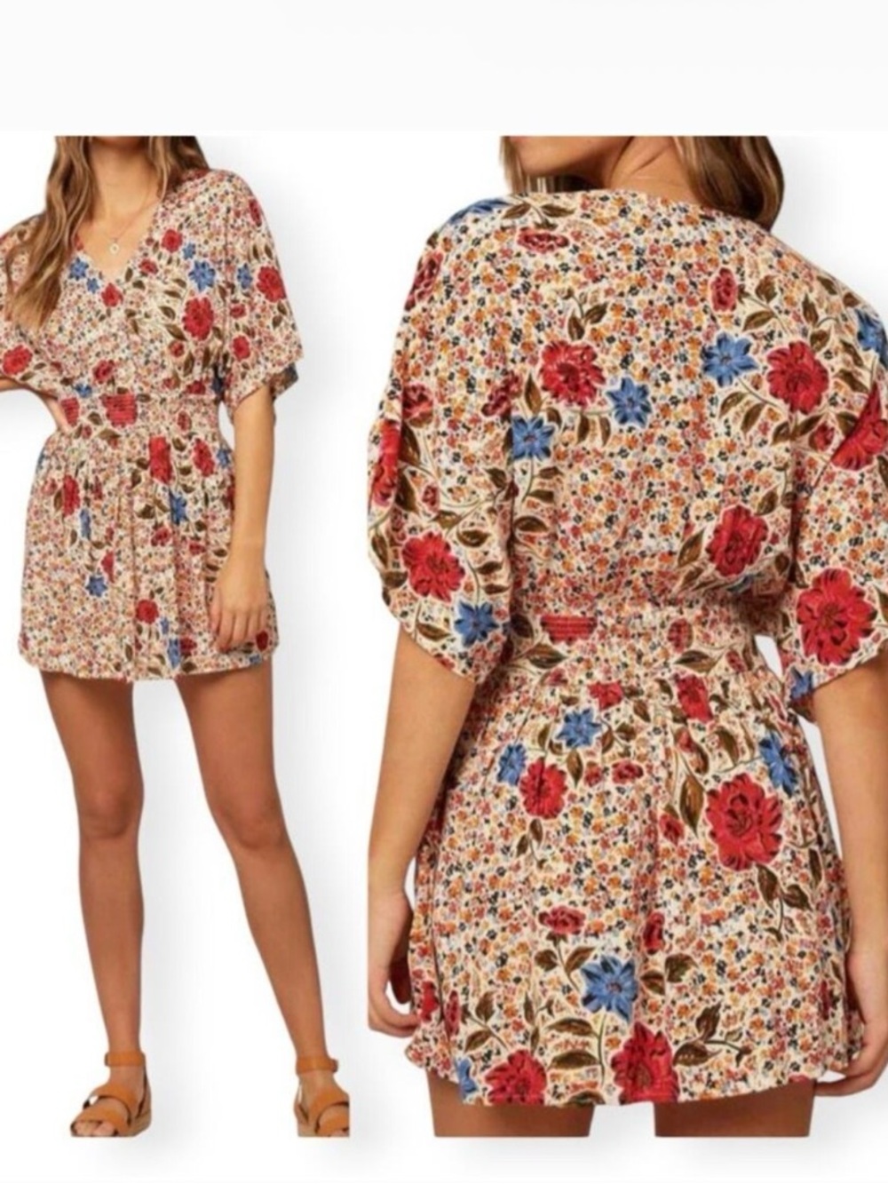 O'Neill Amaze Dress Mini Length Surplice Neckline Dolman Sleeve Floral Size M